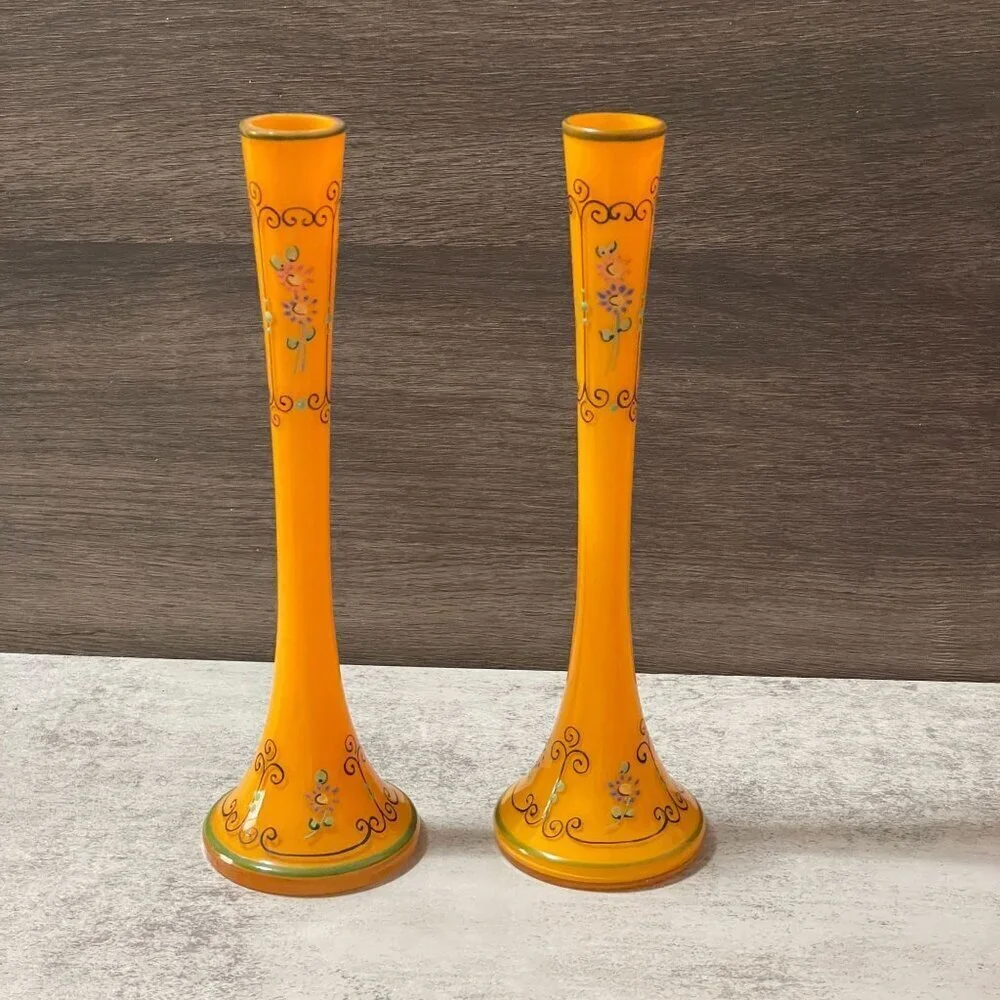 Vintage Czechoslovakia Enamel Hand Painted Orange Glass Vases Set of Two 8.25